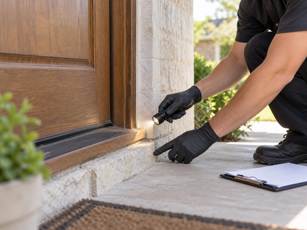Pest control professional checking a home's exterior foundation
