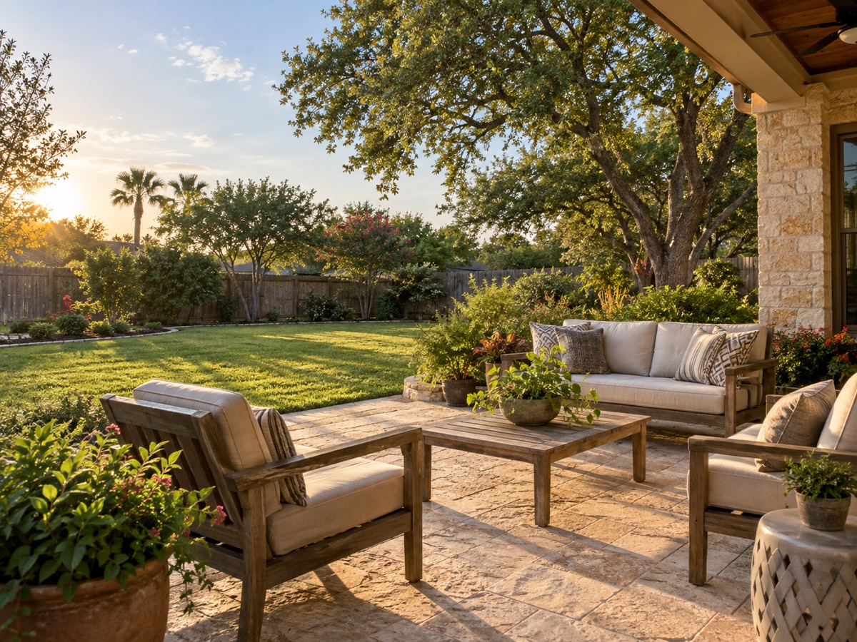Landscaped South Texas backyard and patio